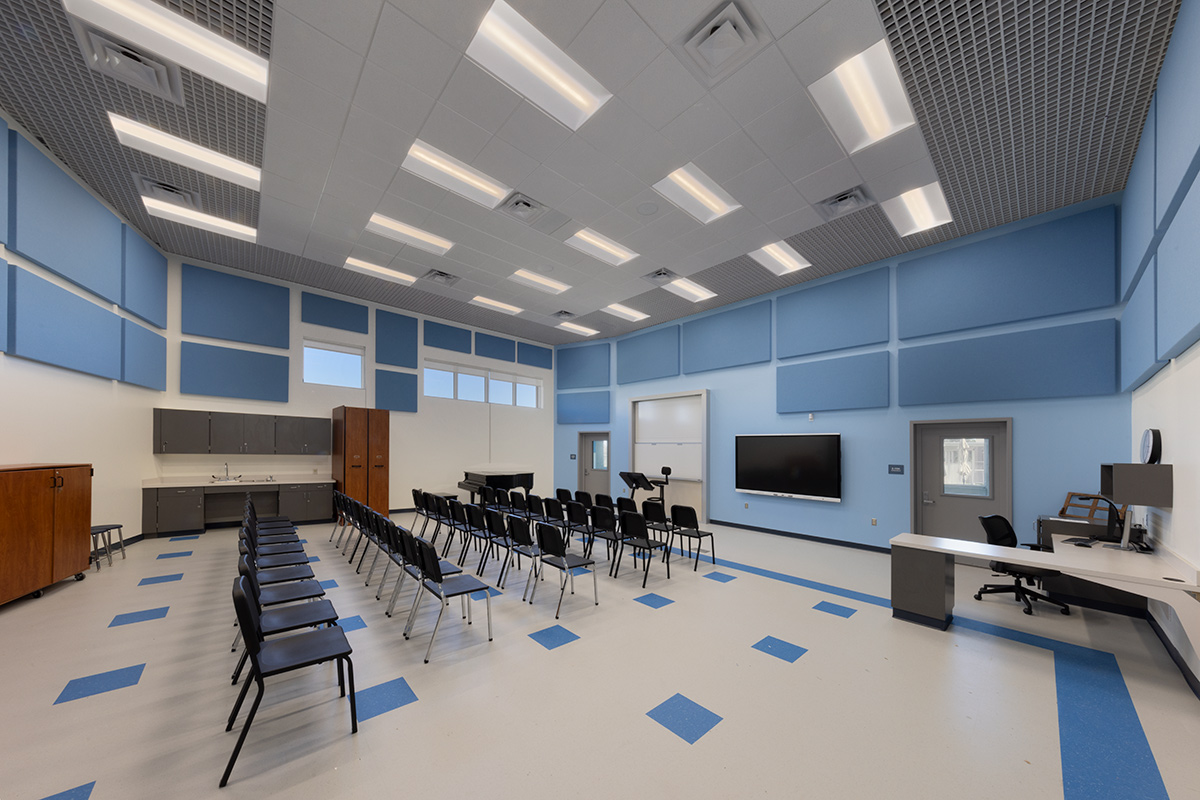 Interior design choral room view of the Plumosa School of the Arts in Delray Beach. FL. 